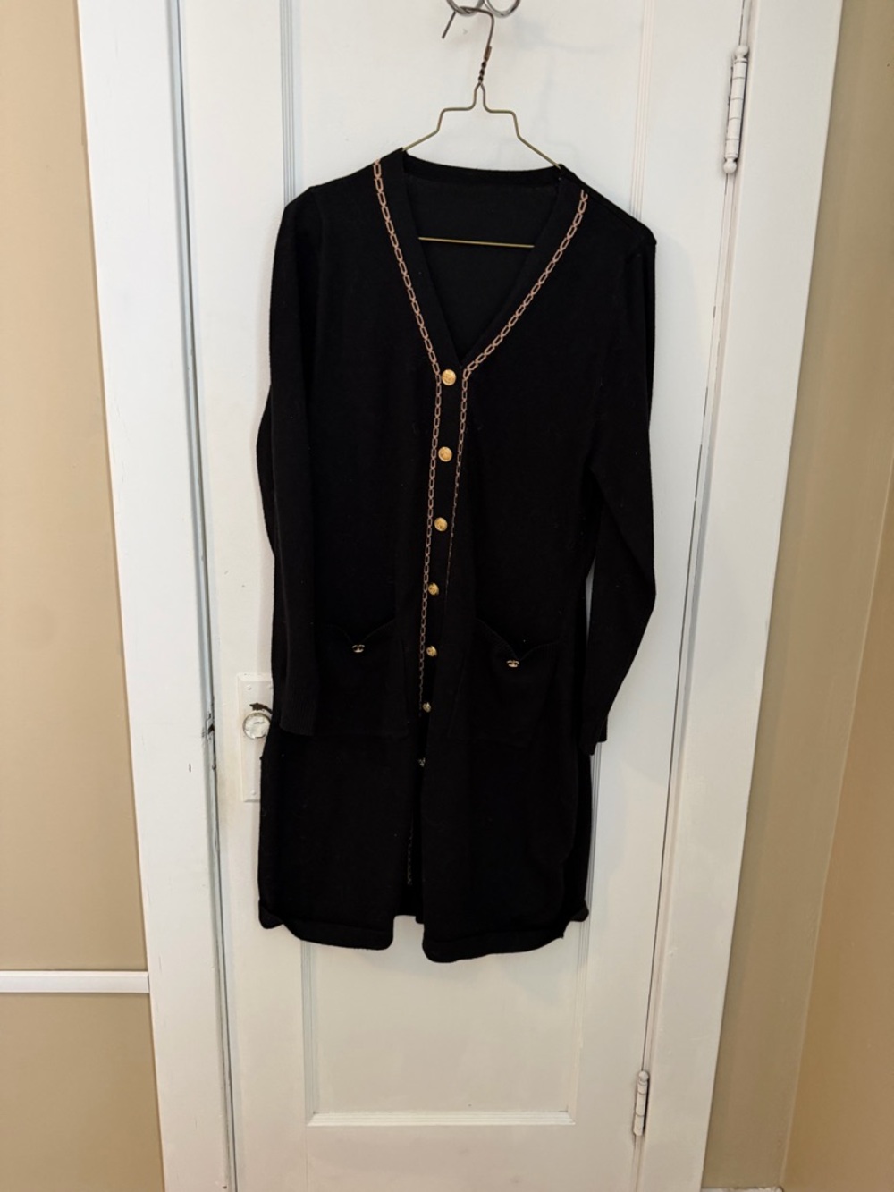 Black Sweater Dress with Gold Trim & Buttons